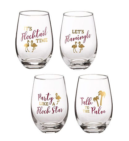 Lillian Rose Set Of 4 Flamingo Party Stemless Wine Glasses With Sayings